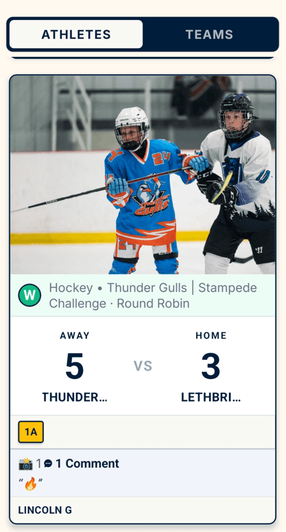 A real logged game — 5-3 tournament win over Lethbridge, with a family comment