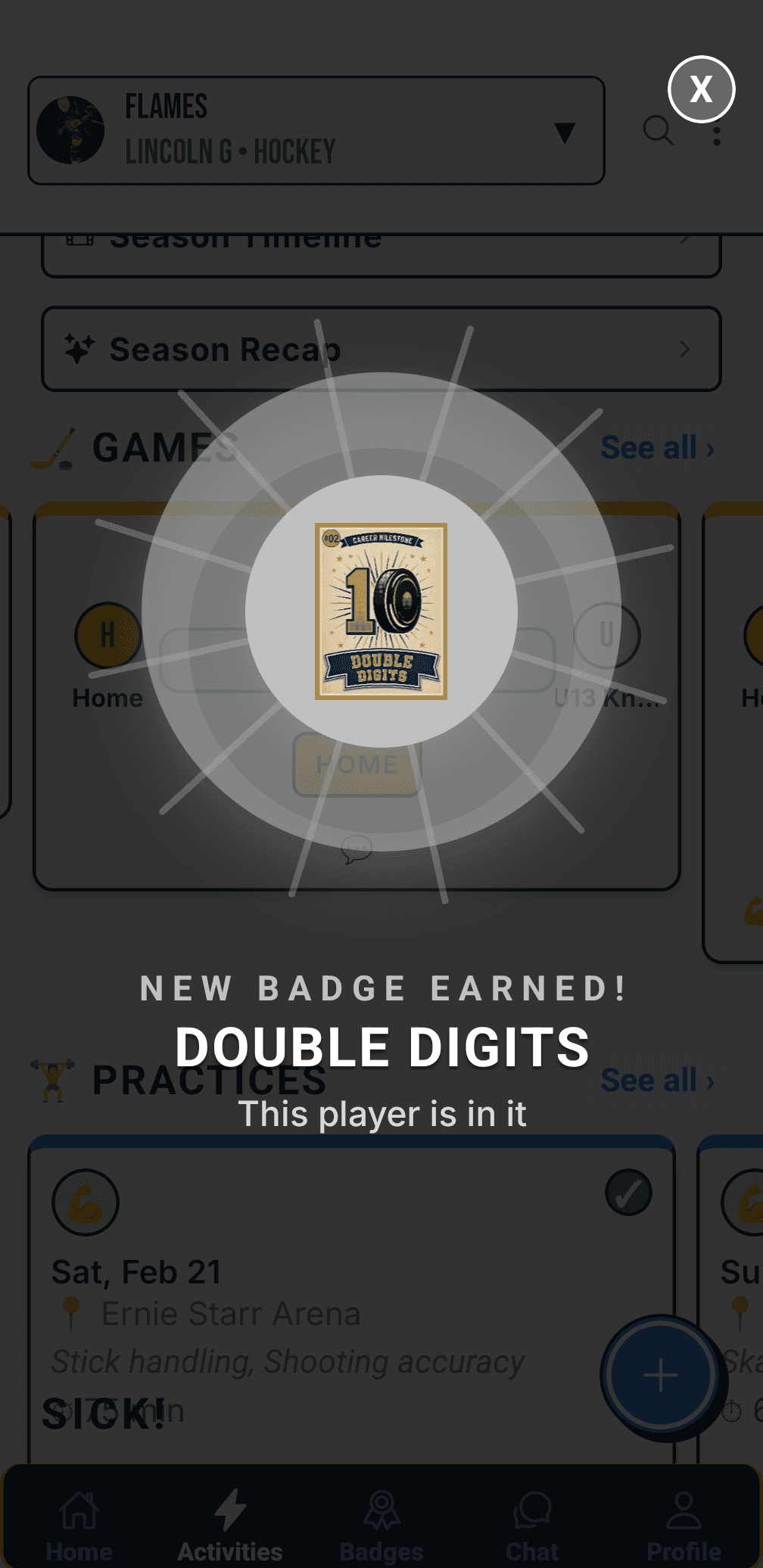 Badges earned screen