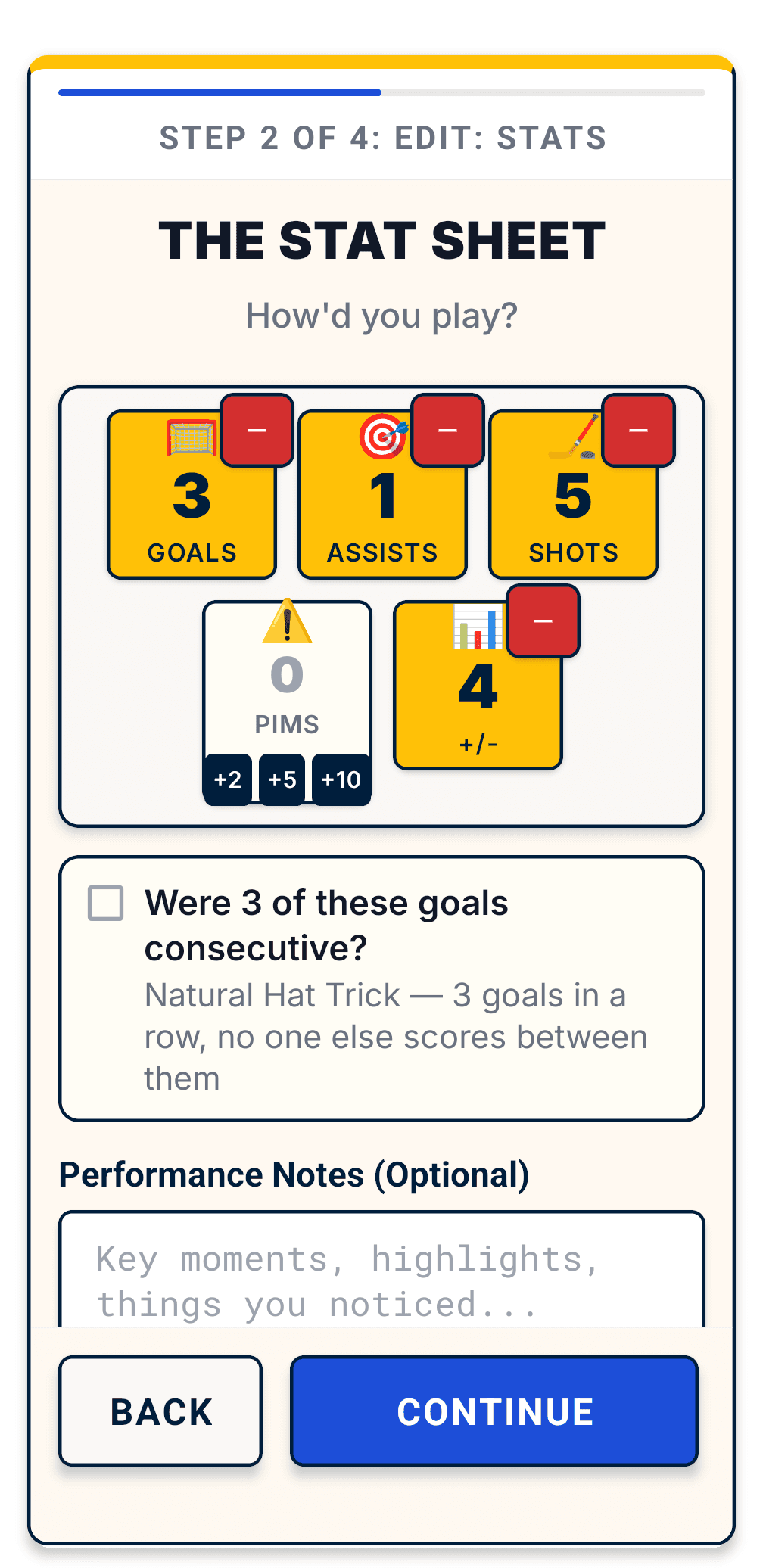 Game logging screen
