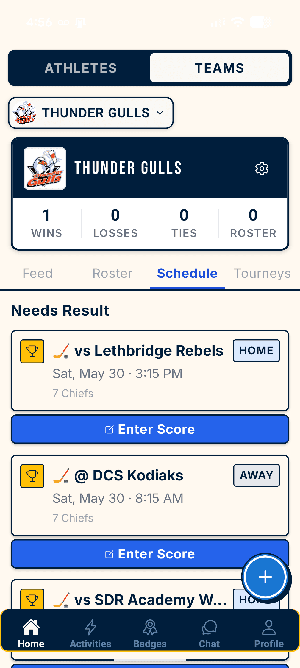 Team dashboard — Thunder Gulls record, schedule, and Enter Score buttons