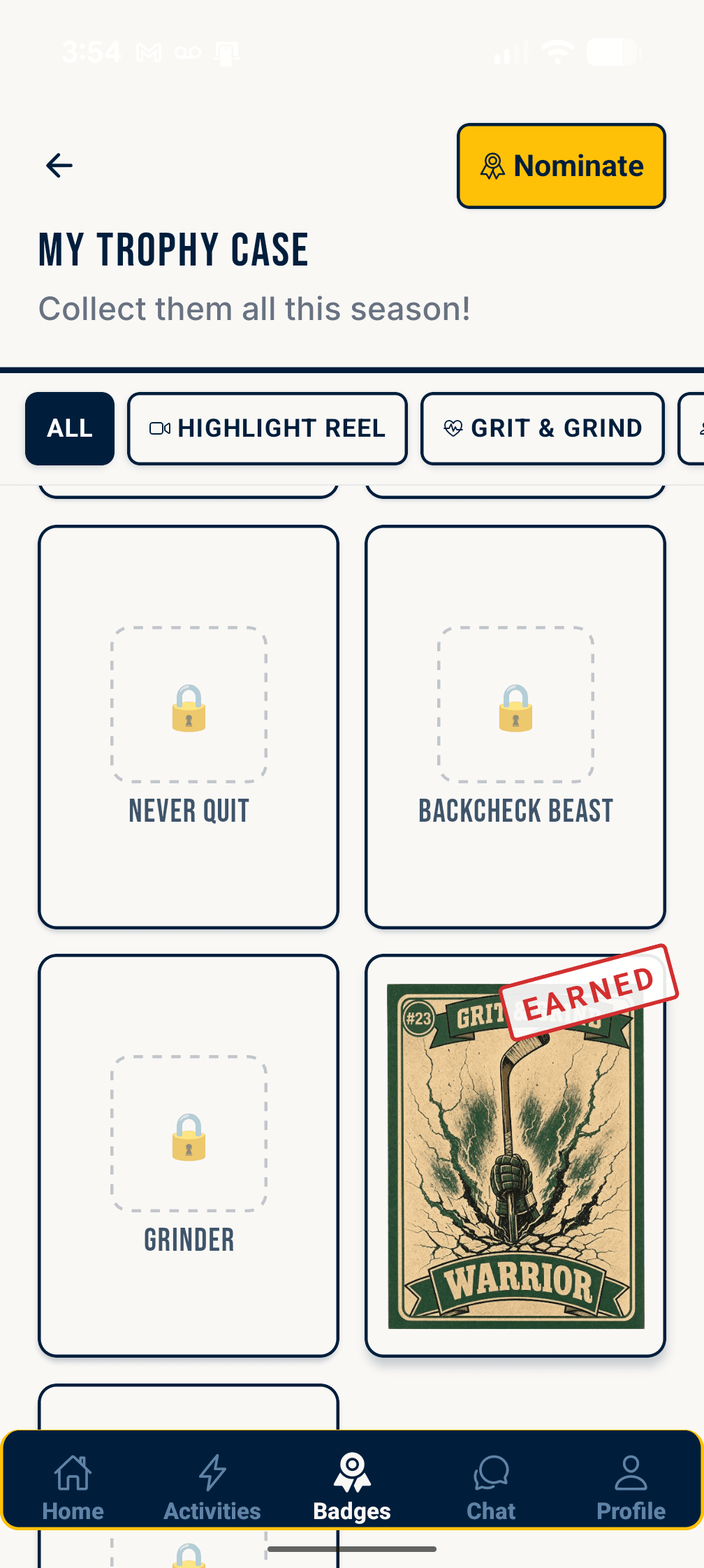 My Trophy Case — earned Warrior badge among locked badges